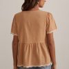 Best Embroidery Short Sleeve V Neck Cute Blouse Salmon