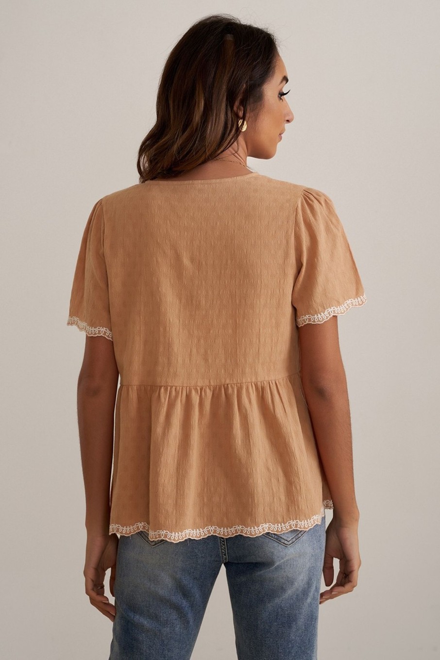 Best Embroidery Short Sleeve V Neck Cute Blouse Salmon