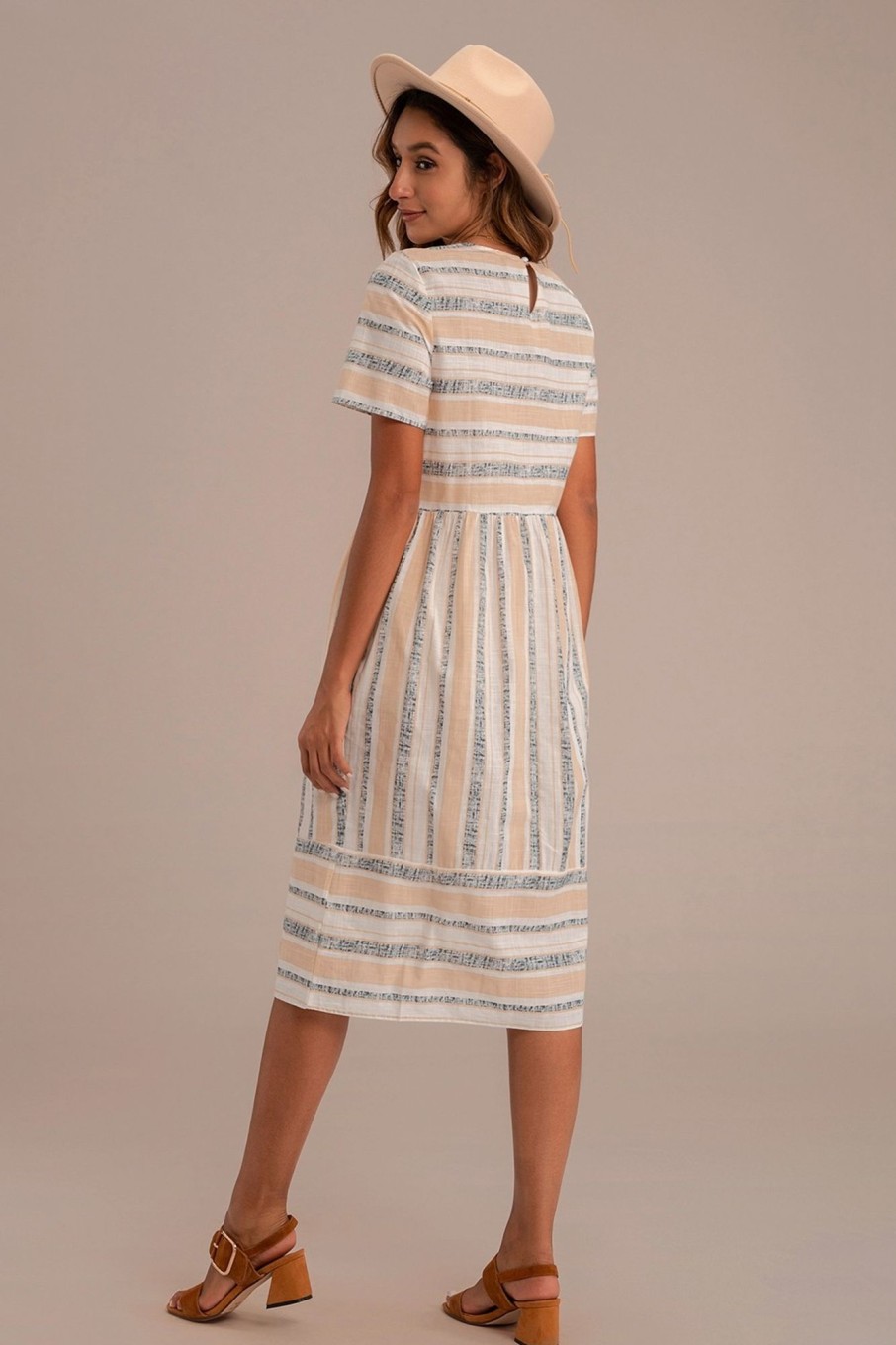 Clearance Simple Striped Short Sleeve Round Neck Midi Dress Multi