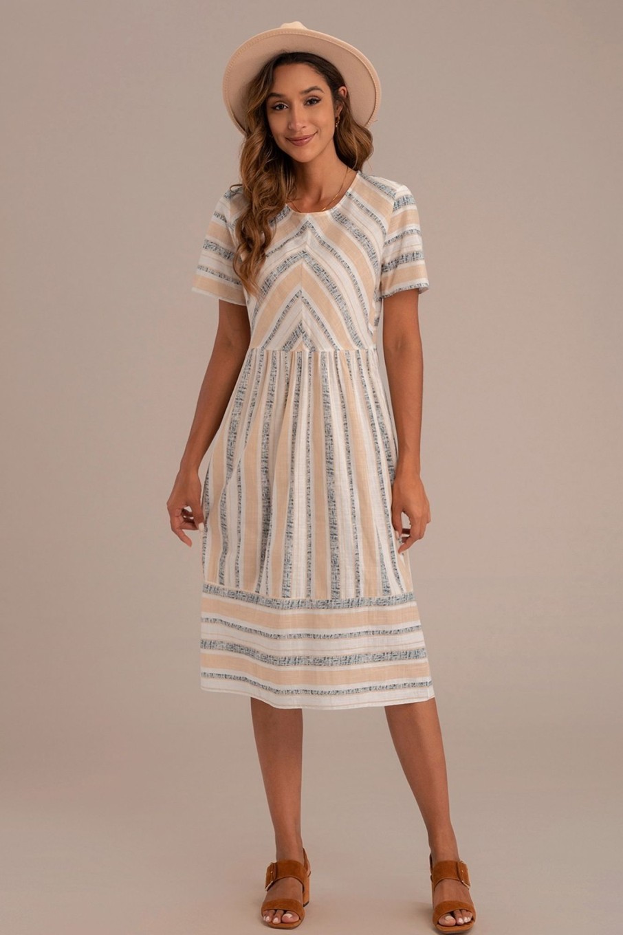 Clearance Simple Striped Short Sleeve Round Neck Midi Dress Multi