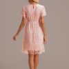 New Embroidery Flowers Round Neck Short Sleeve Midi Dress Pink