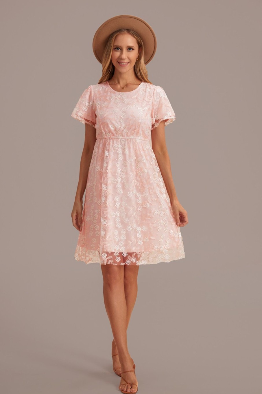 New Embroidery Flowers Round Neck Short Sleeve Midi Dress Pink