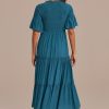 Hot Short Ruffle Sleeve Round Neck Smocked Tiered Midi Dress Dark Teal