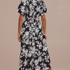 Online Floral Short Sleeve V Neck Smocked Tiered Maxi Dress Black And White