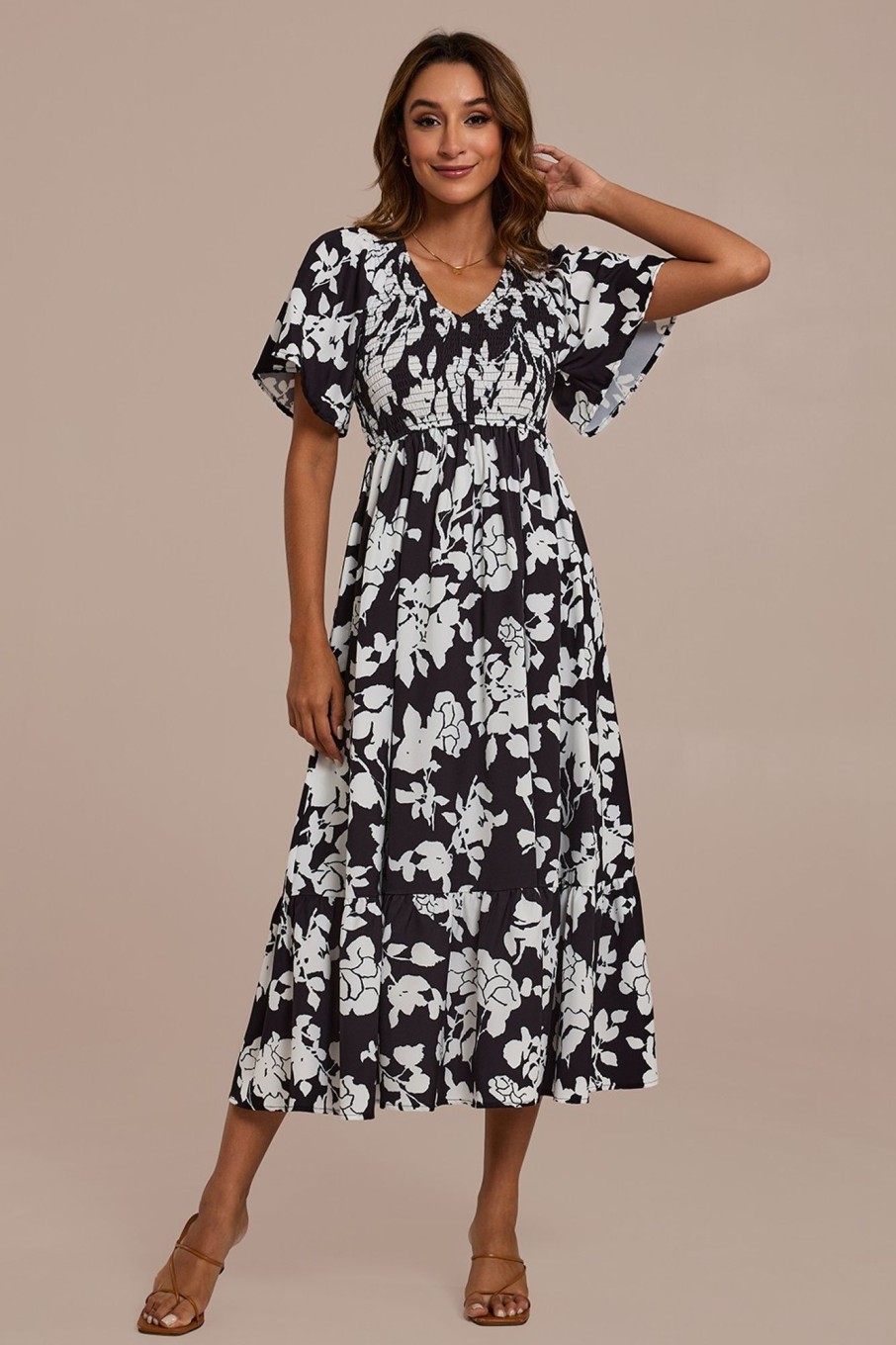 Online Floral Short Sleeve V Neck Smocked Tiered Maxi Dress Black And White