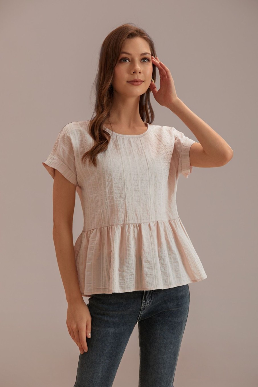 Clearance Short Sleeve Round Neck Peplum Top Orange