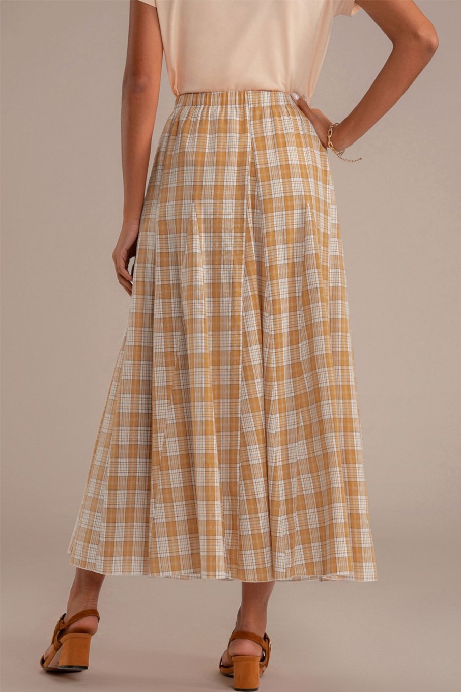 Wholesale Plaid Elastic Waist Midi Skirt With Pockets Dark Mustard