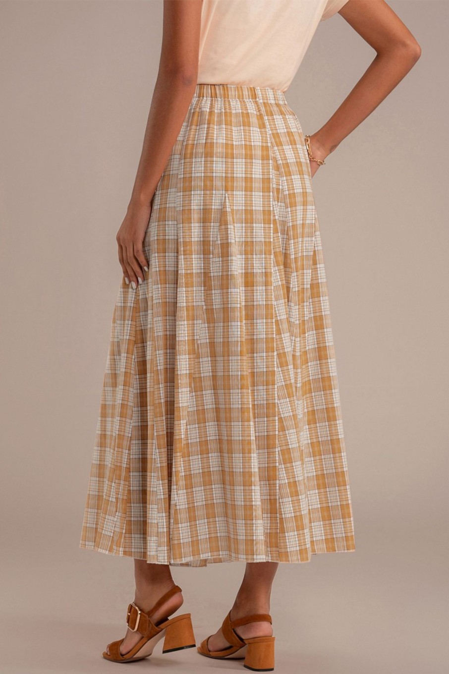 Wholesale Plaid Elastic Waist Midi Skirt With Pockets Dark Mustard