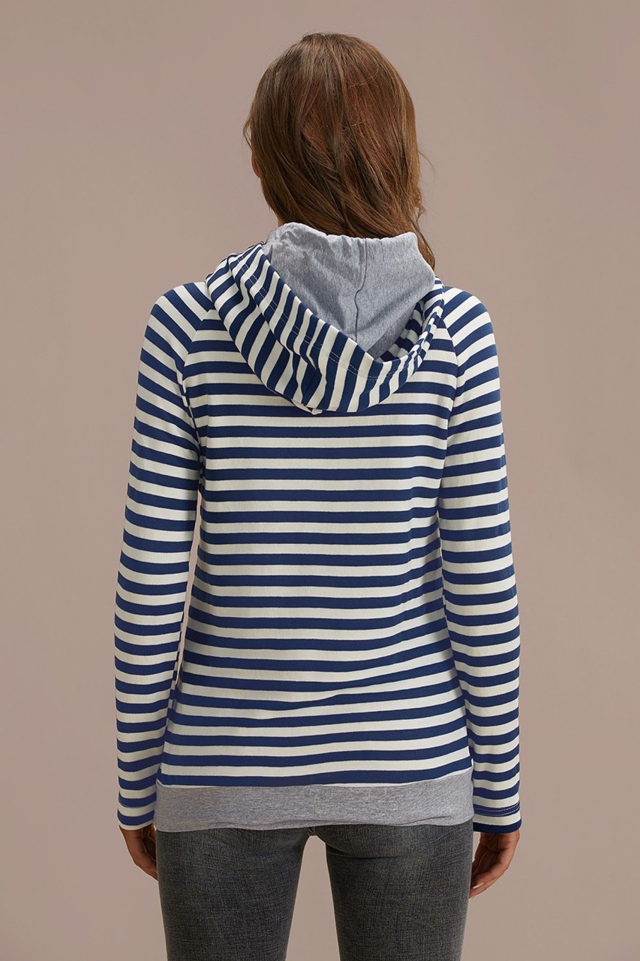 New Stripe Long Sleeve Halfzip Side Pockets Hoodie Navy