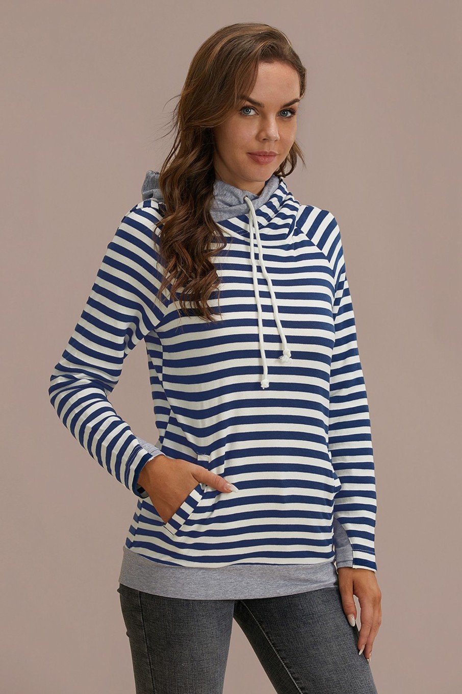 New Stripe Long Sleeve Halfzip Side Pockets Hoodie Navy