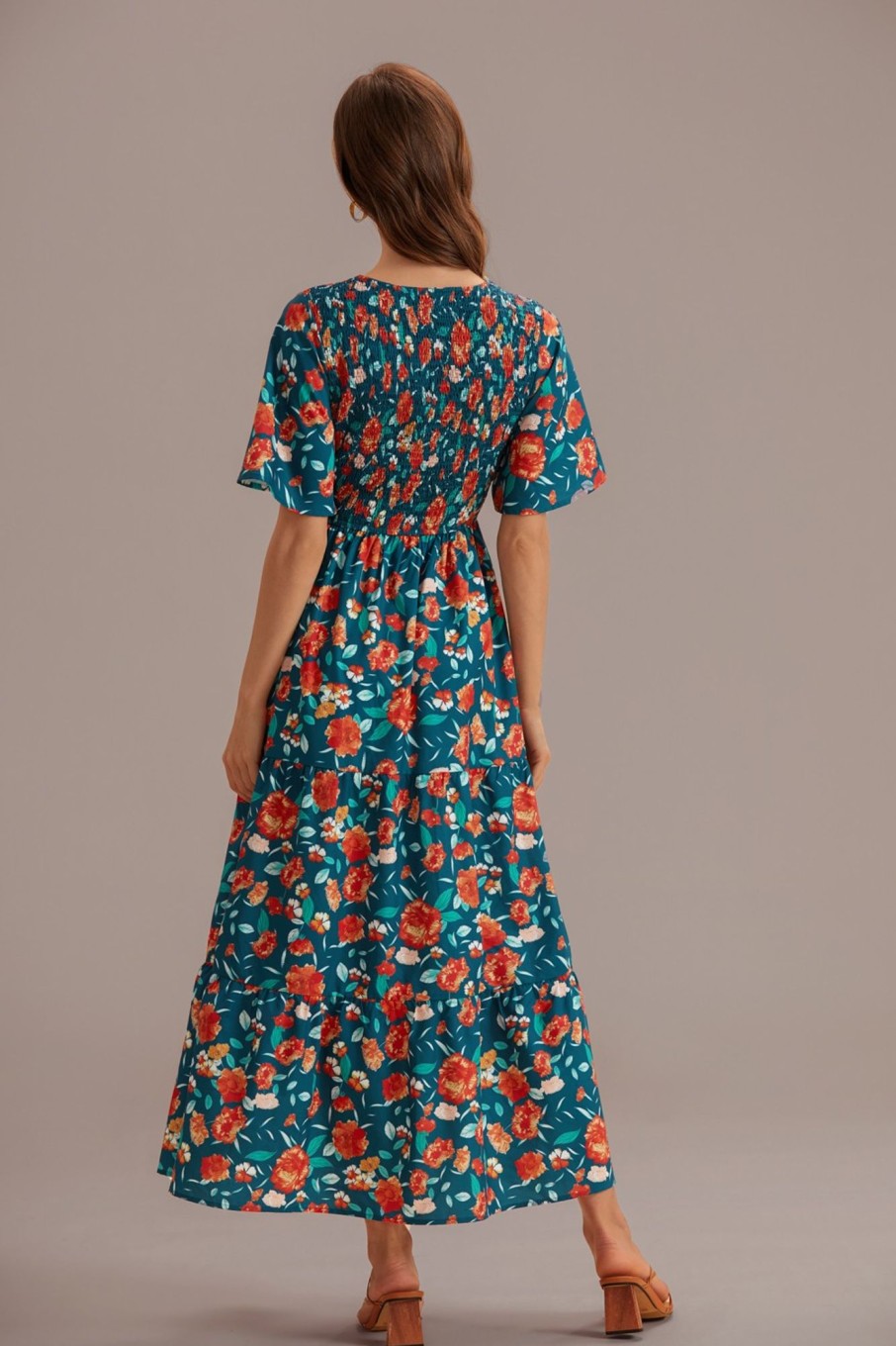 Clearance Floral Short Sleeve V Neck Maxi Dress Teal