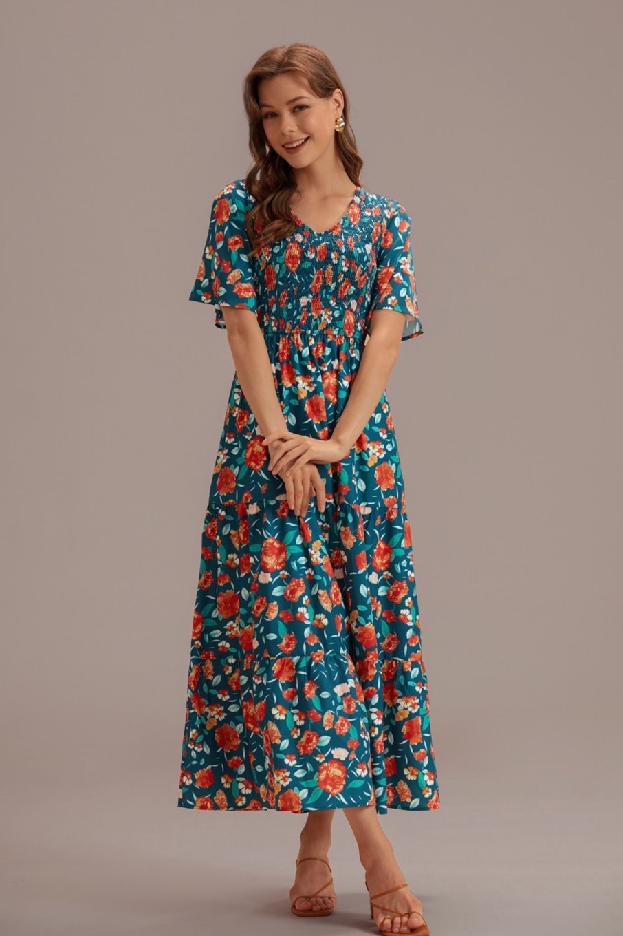 Clearance Floral Short Sleeve V Neck Maxi Dress Teal