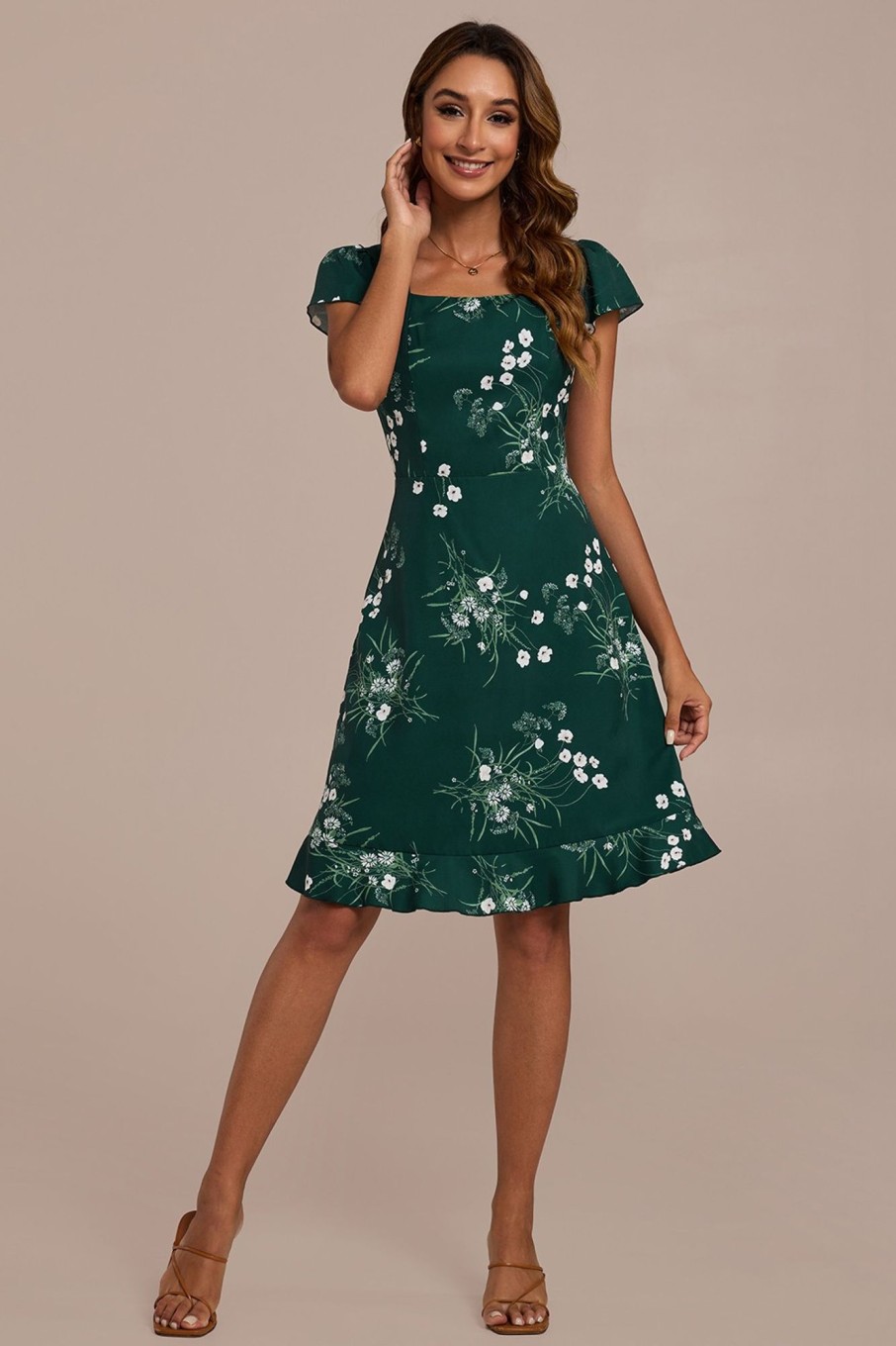 Best Floral Short Ruffle Sleeve Square Neck Midi Dress Green