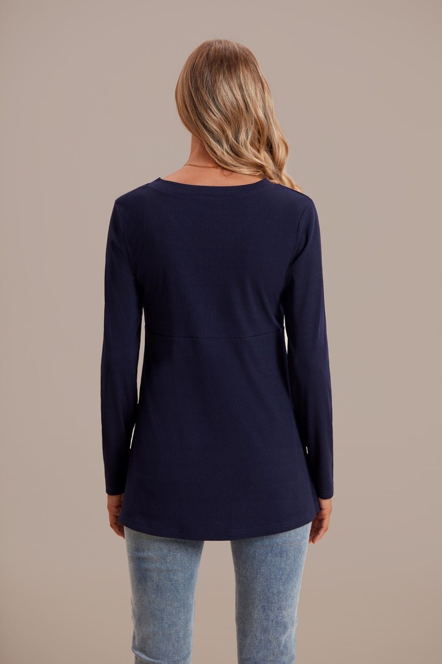 Online Long Sleeve V Neck Button Front Blouse Blue