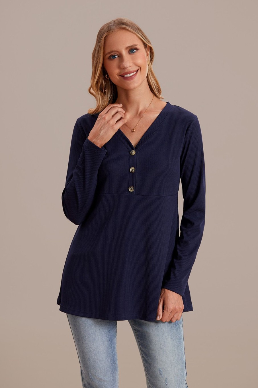 Online Long Sleeve V Neck Button Front Blouse Blue