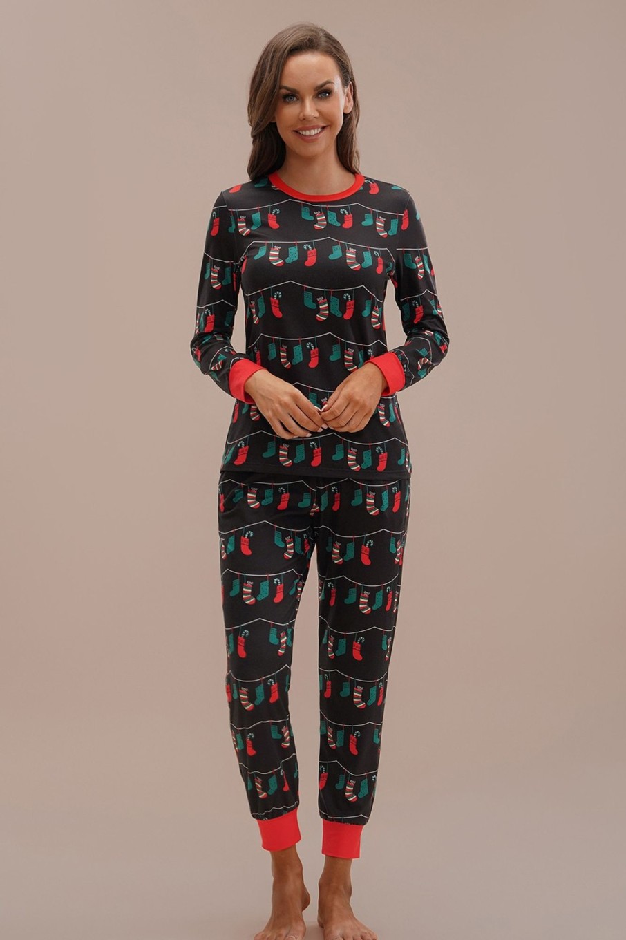 Online Christmas Stockings Long Sleeve Round Neck Pj Set Multi