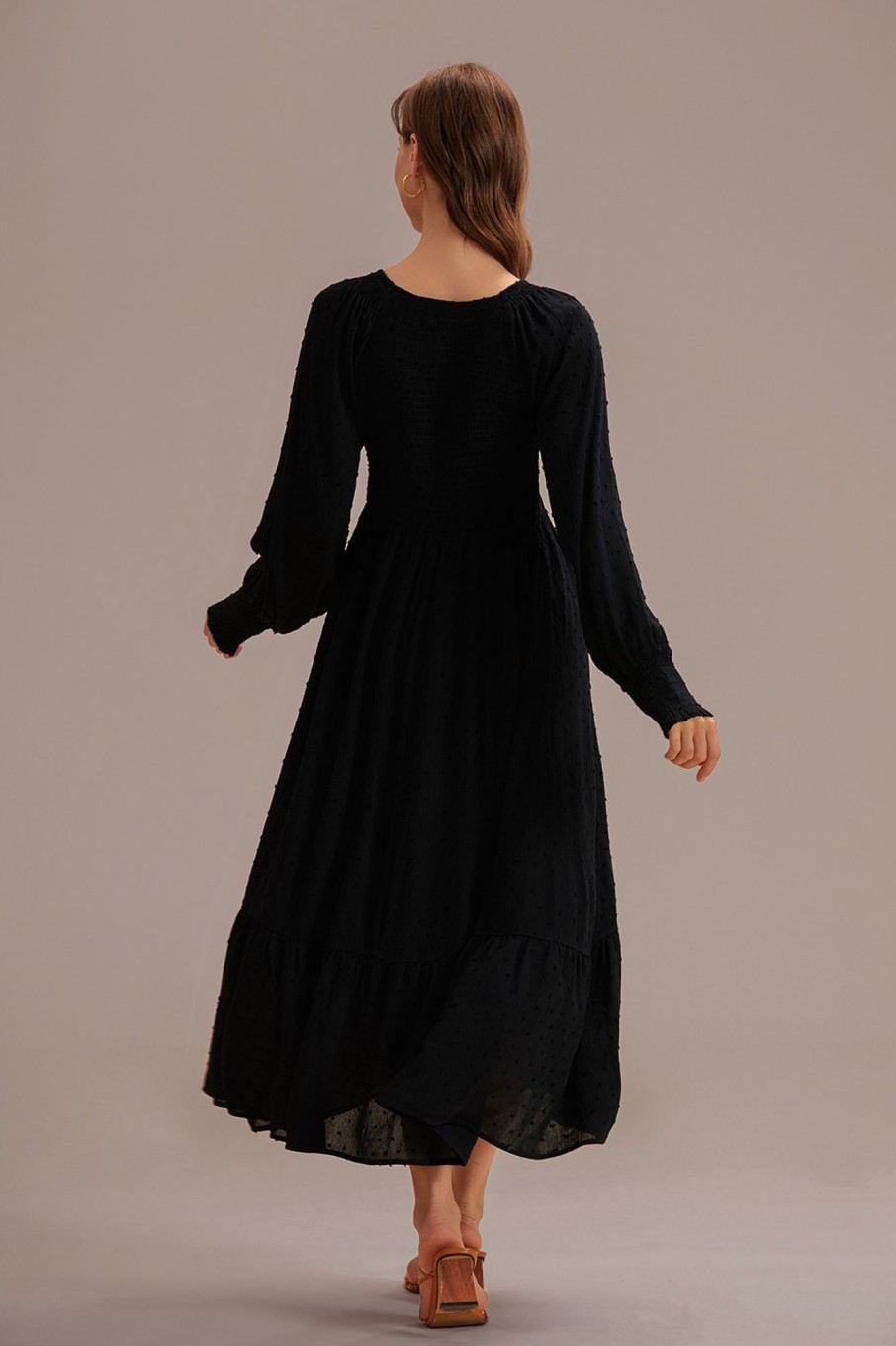 Wholesale Long Sleeve V Neck Smocked Maxi Dress Black