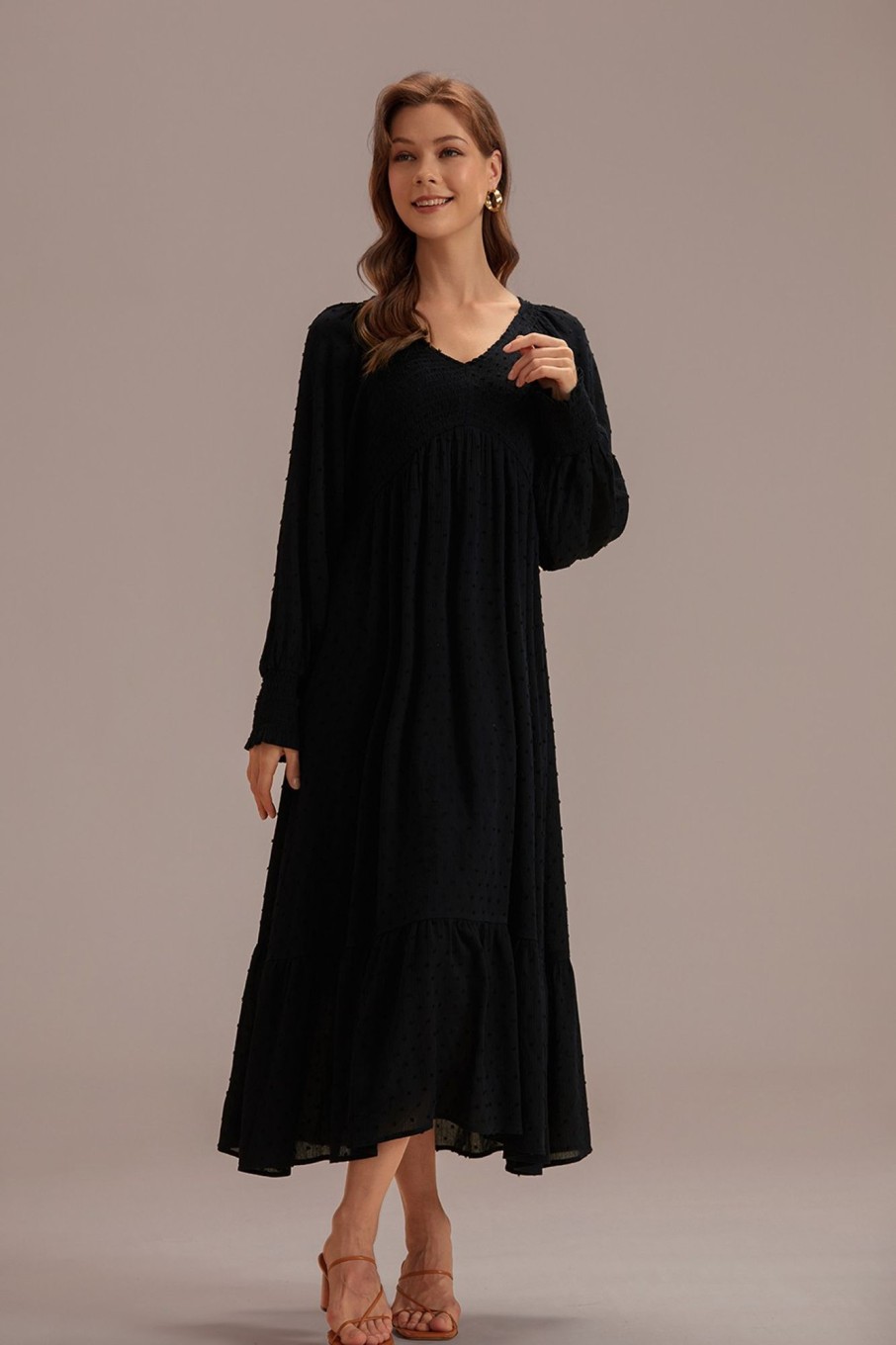 Wholesale Long Sleeve V Neck Smocked Maxi Dress Black