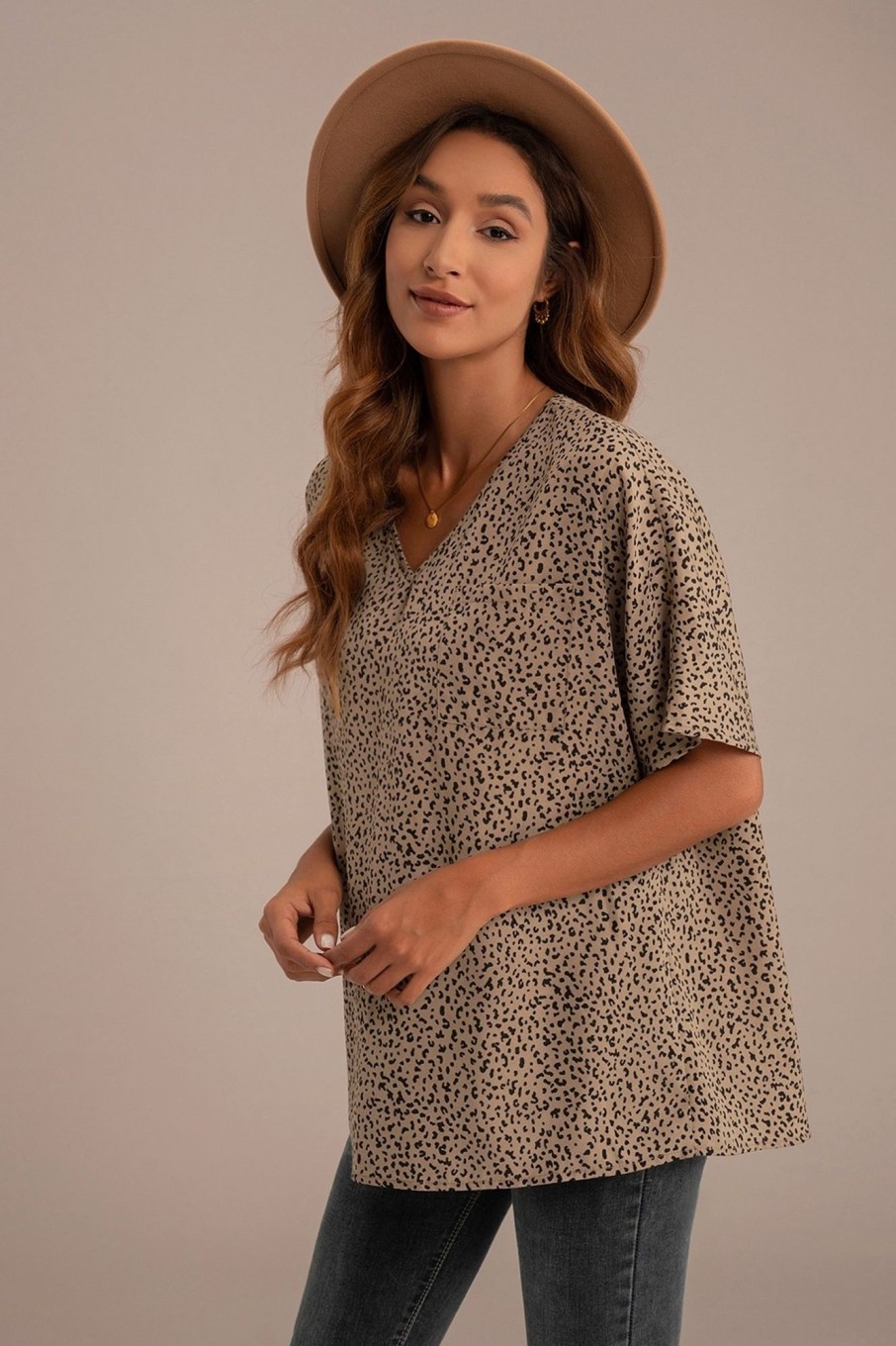 Best Print V Neck Pocket Front Top Taupe Leopard