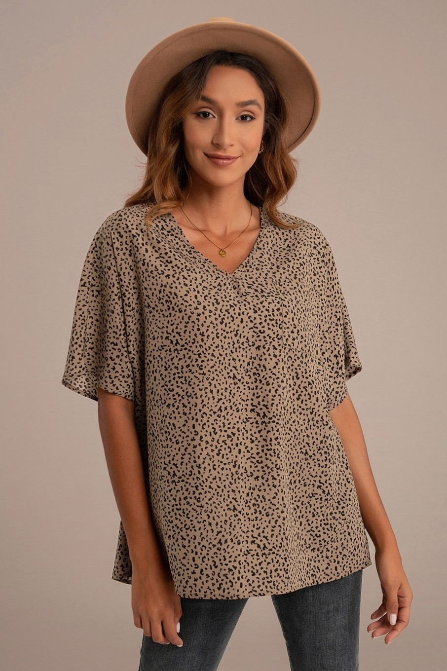 Best Print V Neck Pocket Front Top Taupe Leopard