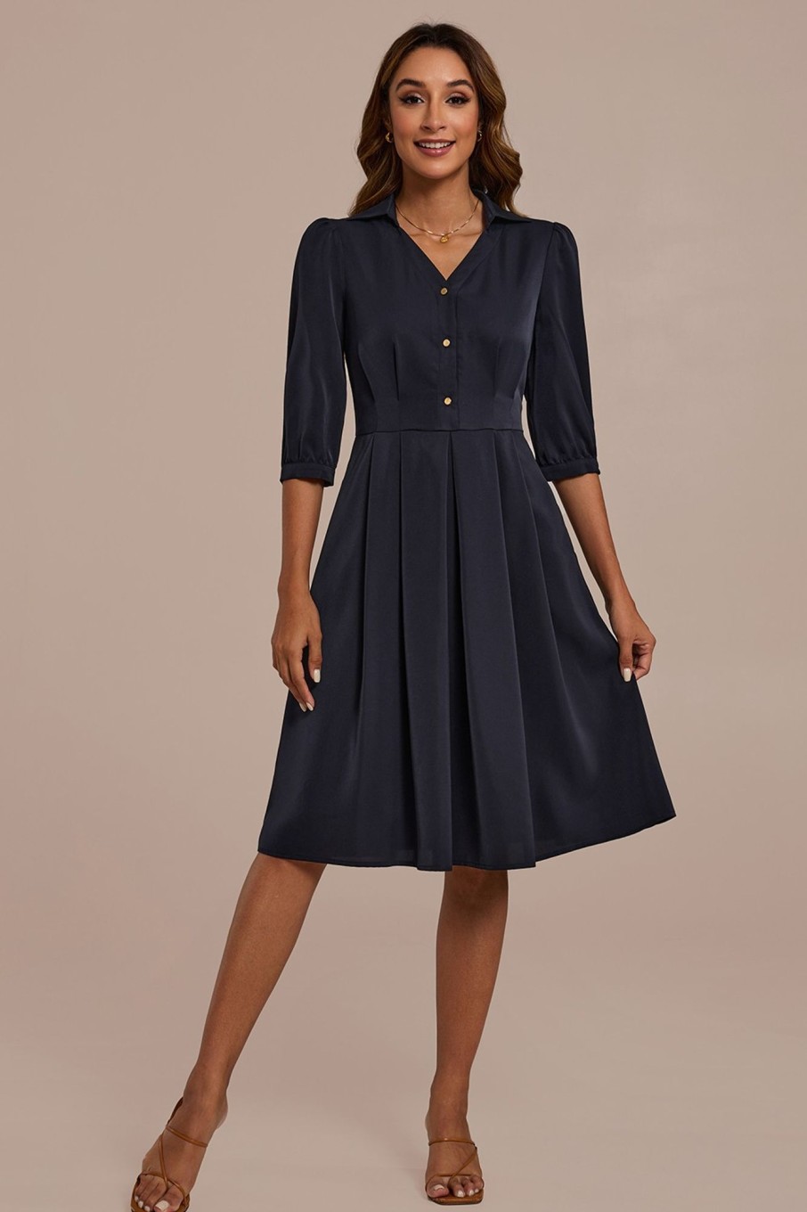 Online Half Sleeve V Neck Buttons Midi Dress Black