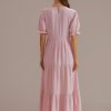 New Short Ruffle Sleeve Round Neck Tiered Midi Dress Pink