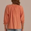 Best Round Neck Puff Half Sleeve Drawstring Button Blouse Chocolate