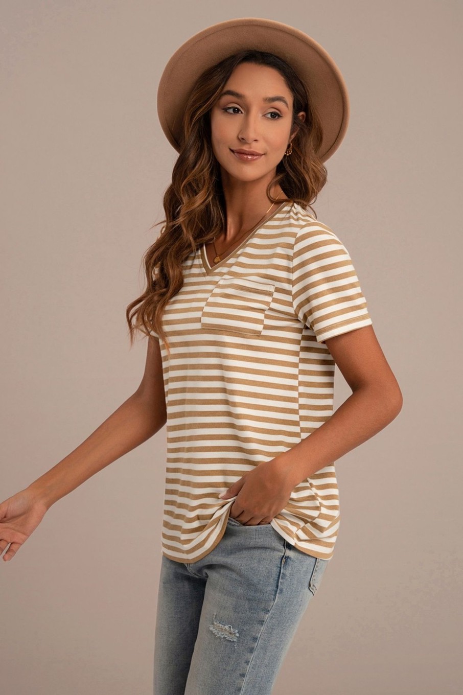 Wholesale Stripe V Neck Short Sleeve Tee Peru