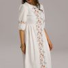 New 3/4 Length Sleeve Round Neck Cotton Embroidered Midi Dress Ivory