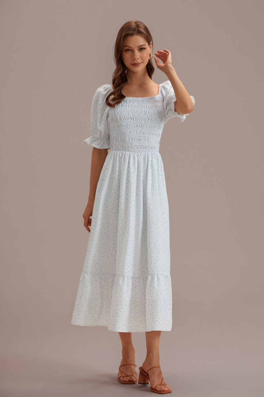 Wholesale Floral Short Sleeve Square Neck Smocked Midi Dress Cream