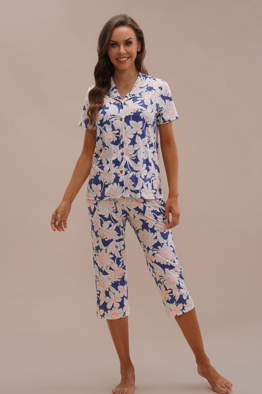 Hot Casual Floral Short Sleeve Collared Neck Buttons Pj Set Blue