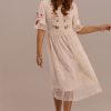 New Half Sleeve Round Neck Knee Length Embroidered Dress White