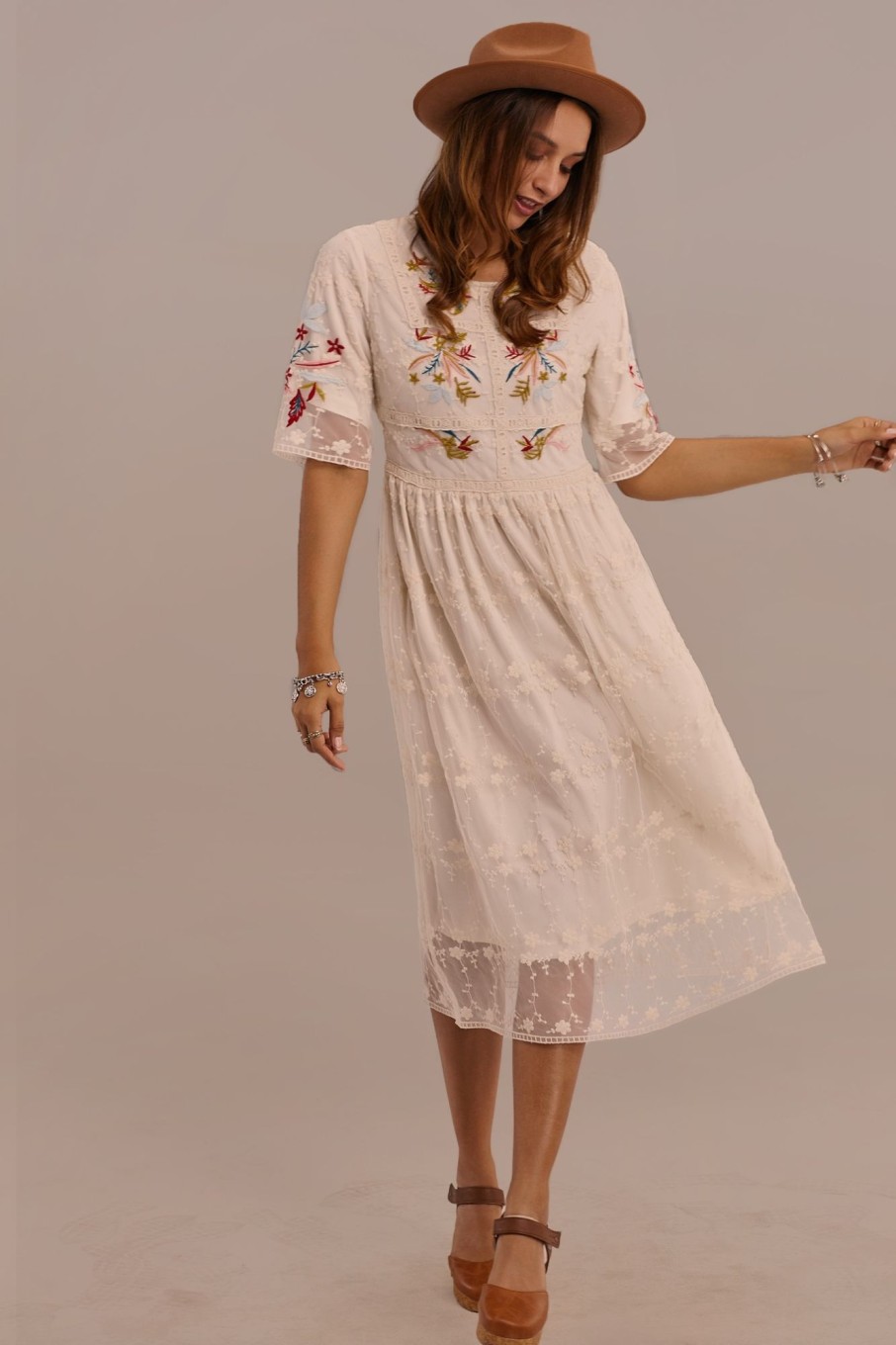 New Half Sleeve Round Neck Knee Length Embroidered Dress White