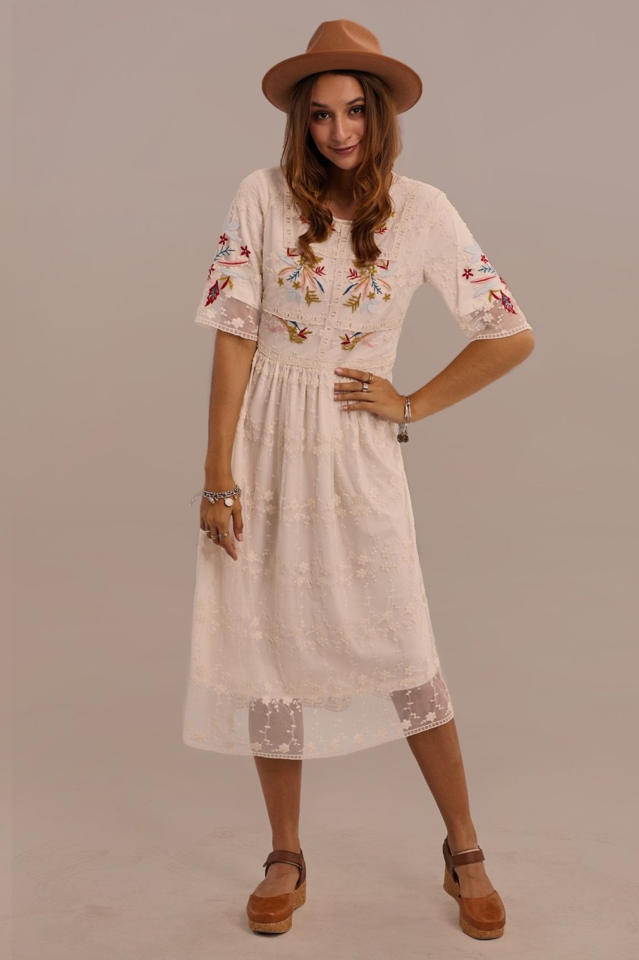 New Half Sleeve Round Neck Knee Length Embroidered Dress White