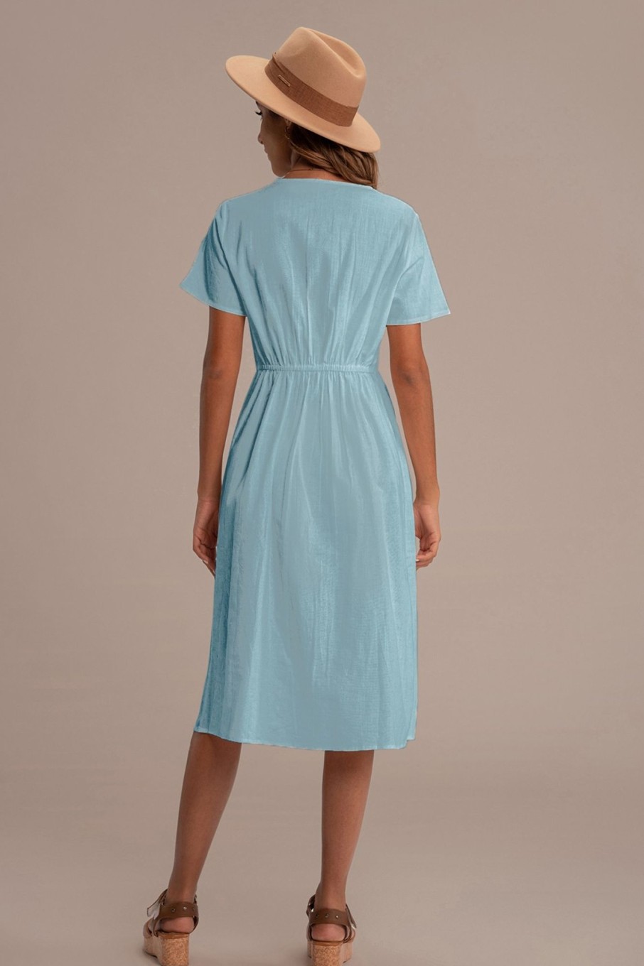 Clearance Casual Short Sleeve V Neck Button Down Midi Dress With Pockets