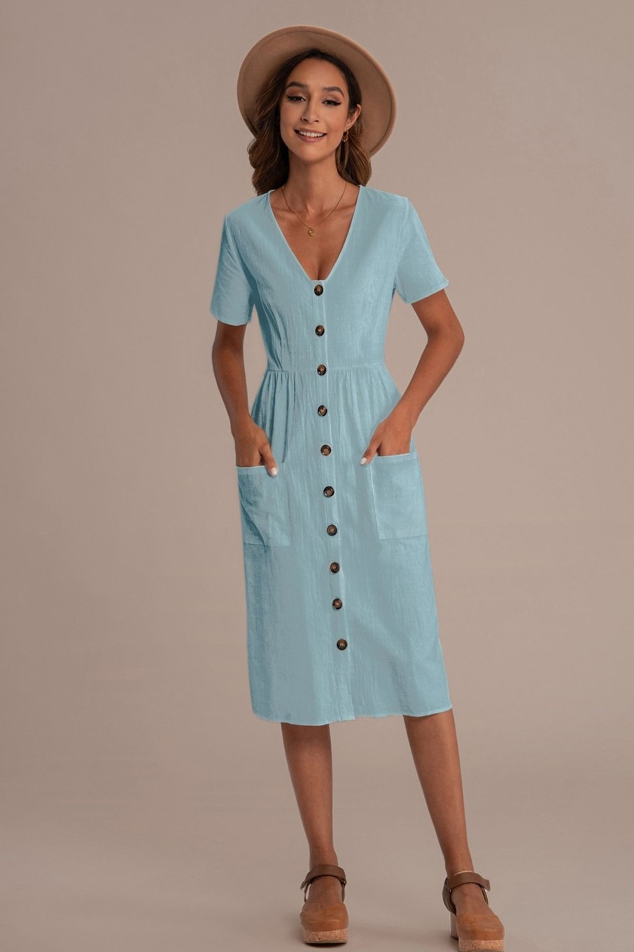 Clearance Casual Short Sleeve V Neck Button Down Midi Dress With Pockets