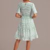 New Polka Dot Short Sleeve Round Neck Smocked Tiered Dress Green