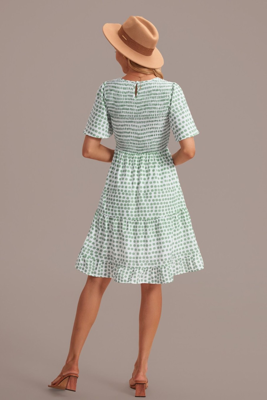 New Polka Dot Short Sleeve Round Neck Smocked Tiered Dress Green