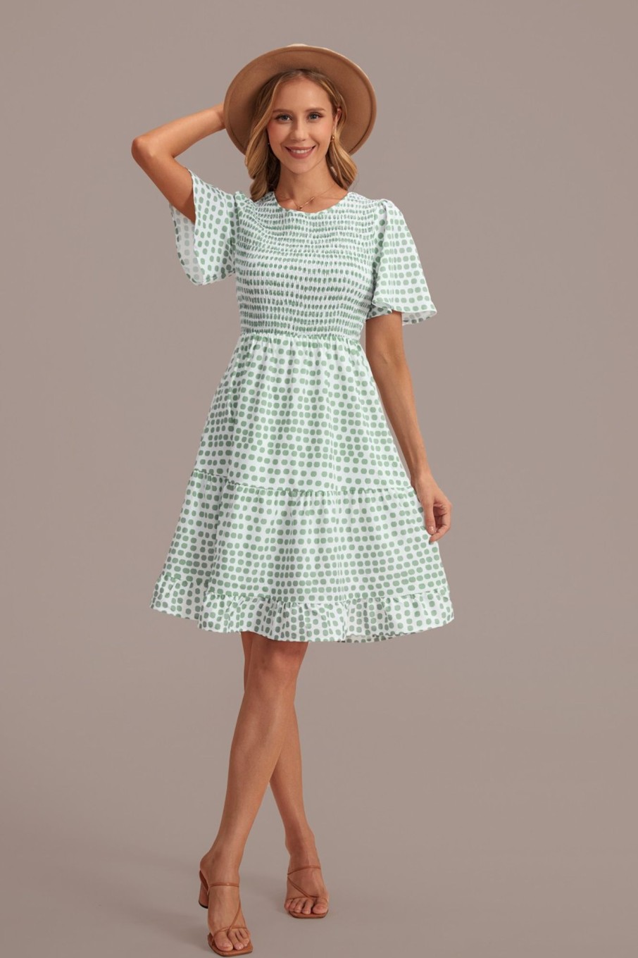 New Polka Dot Short Sleeve Round Neck Smocked Tiered Dress Green