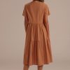 Online Short Sleeve Round Neck Button Cotton Midi Dress Salmon