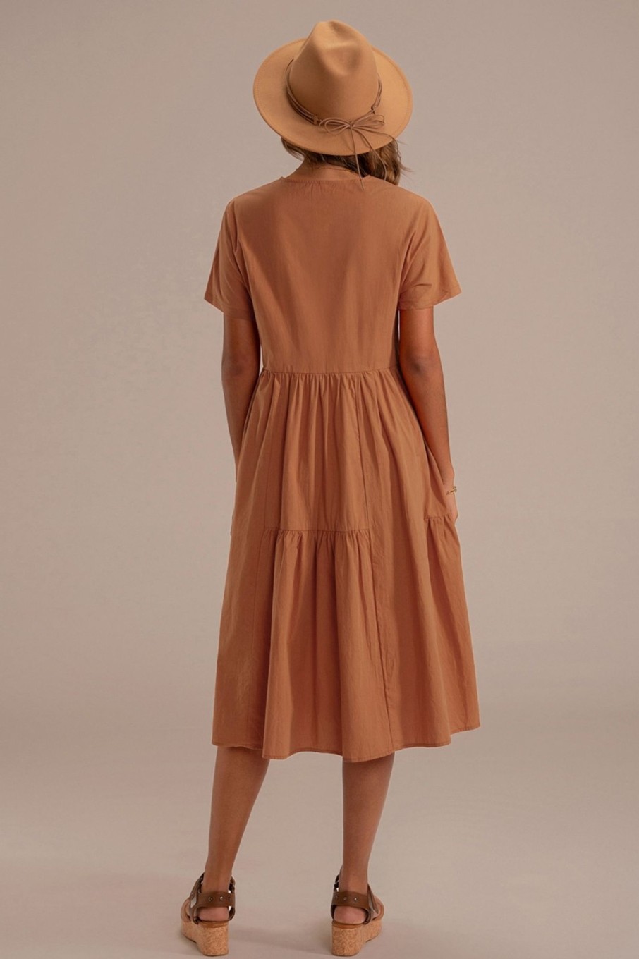 Online Short Sleeve Round Neck Button Cotton Midi Dress Salmon