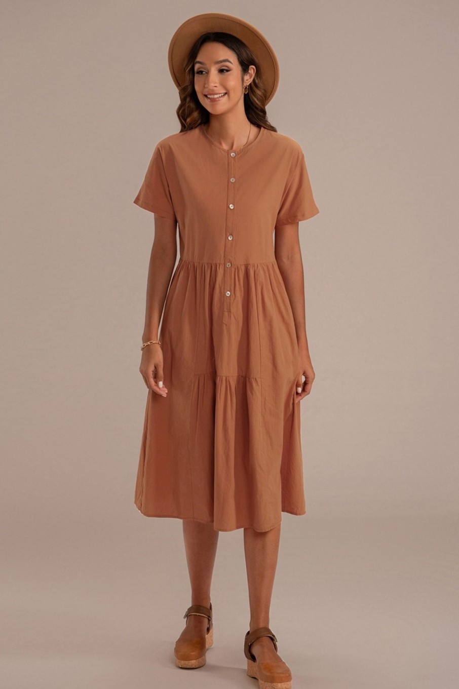 Online Short Sleeve Round Neck Button Cotton Midi Dress Salmon