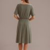 Best Short Sleeve V Neck Button Up Midi Dress Olive