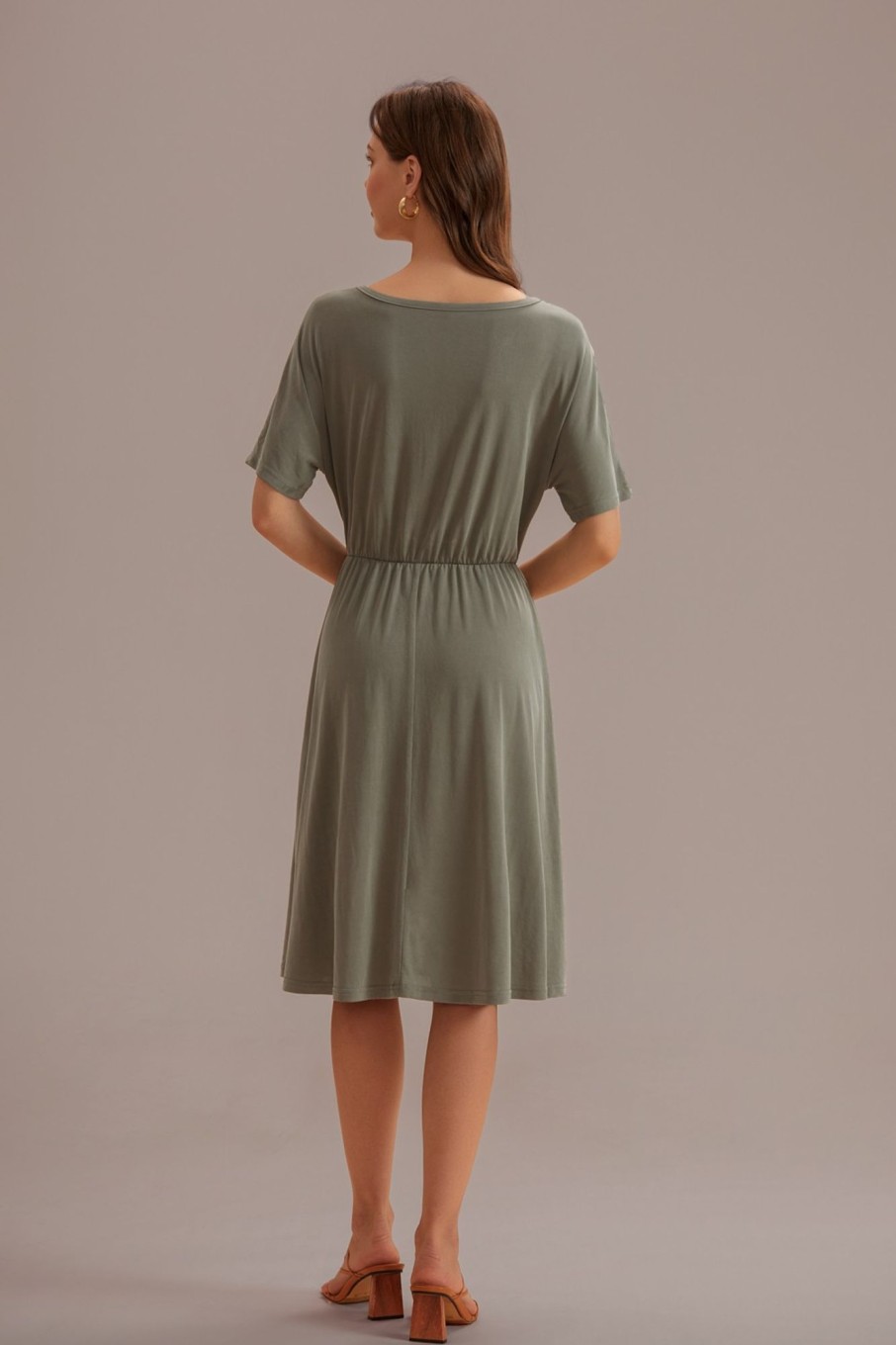 Best Short Sleeve V Neck Button Up Midi Dress Olive