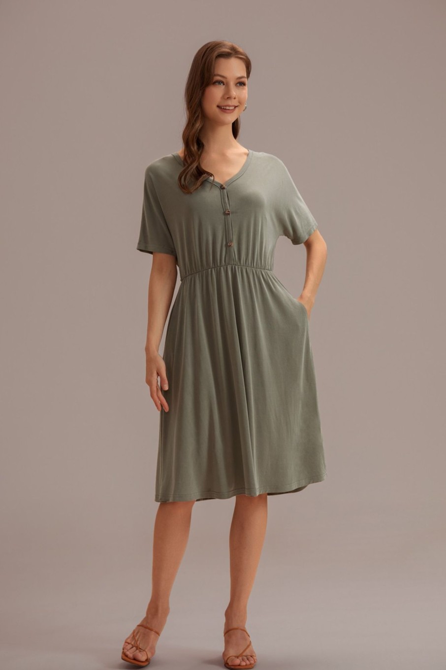 Best Short Sleeve V Neck Button Up Midi Dress Olive