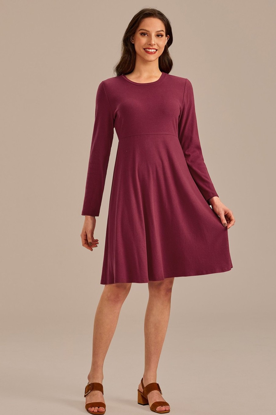 Hot Knit Long Sleeve Round Neck Midi Dress Purple