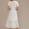 Hot Lace Short Sleeve Round Neck Midi Dress White