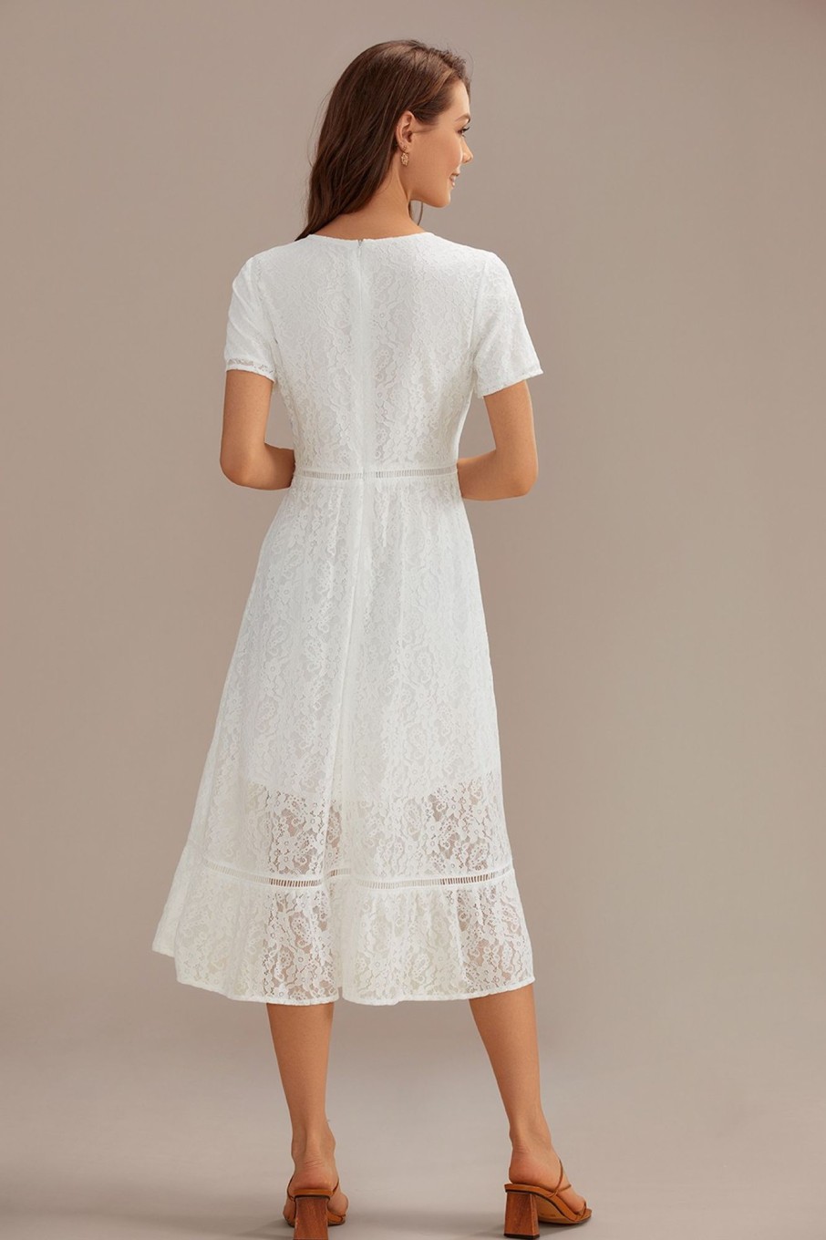 Hot Lace Short Sleeve Round Neck Midi Dress White