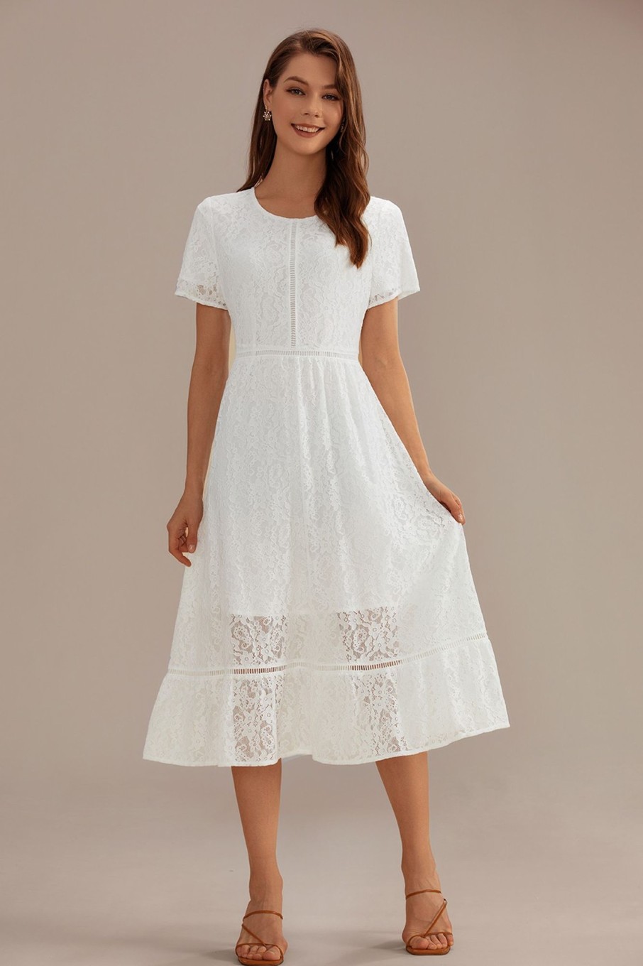 Hot Lace Short Sleeve Round Neck Midi Dress White