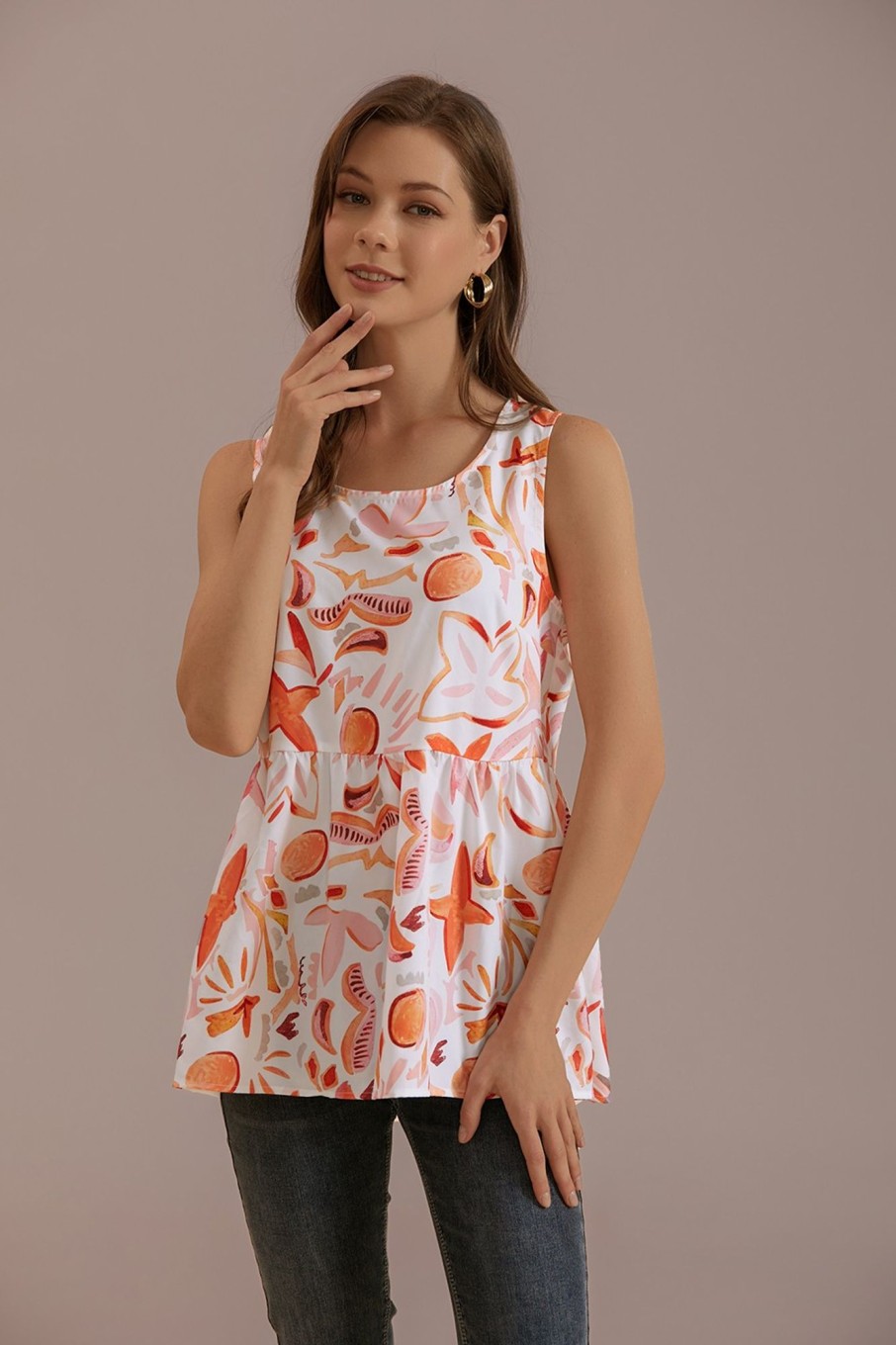 Clearance Floral Round Neck No Sleeve Tank Top Orange